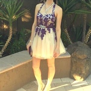 Dark Purple and Champagne Halter Short Dress